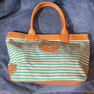 Tory Burch shoulder bag -white with teal stripes! Canvas with tan leather trim!